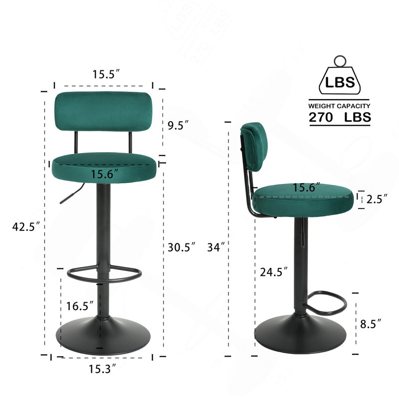Ensemble de 2 tabourets de bar modernes, tabourets de bar rembourrés à hauteur de comptoir incurvée, tabourets de bar réglables de 24,5 po à 30,5 po, tabourets de comptoir pivotants pour la cuisine