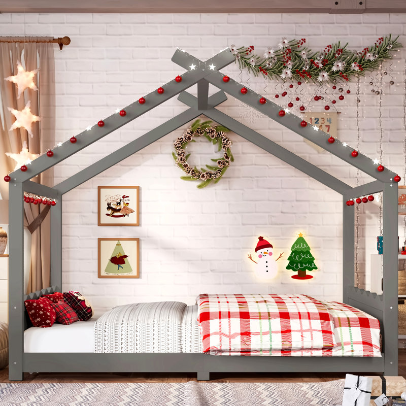 Lit double au sol avec lattes de soutien, structure de lit en bois massif, Gris, Lit double