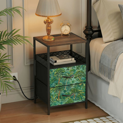 2 Drawers Nightstand with Charging Station, Bedroom Nightstand with USB Ports &amp; Outlets Open Shelf Black, night stand with Seamless Tropical Forest Green Trees Foliage Print