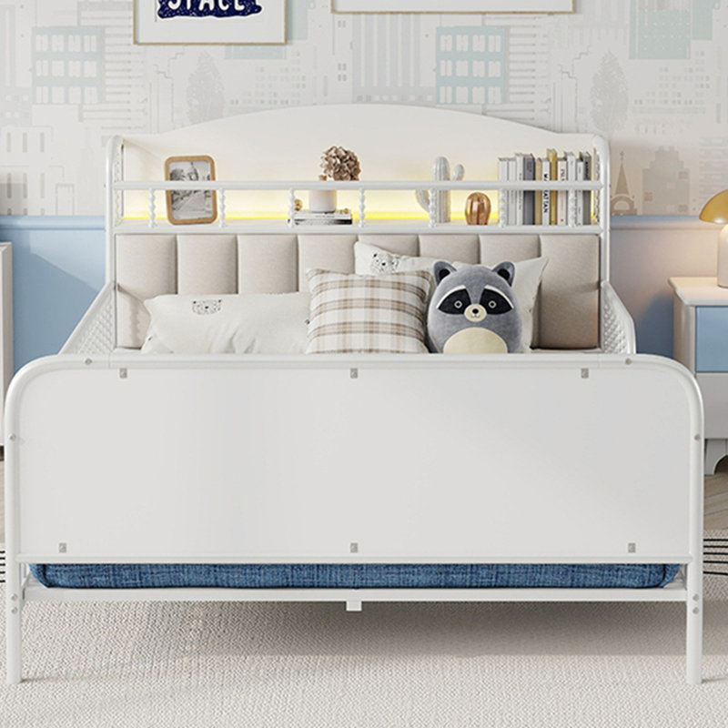 Structure de lit plateforme pleine grandeur en métal avec lumière, lit double en métal pour enfants avec tête de lit tapissier et rangement, (date d’arrivée prévue 2025/10/5)