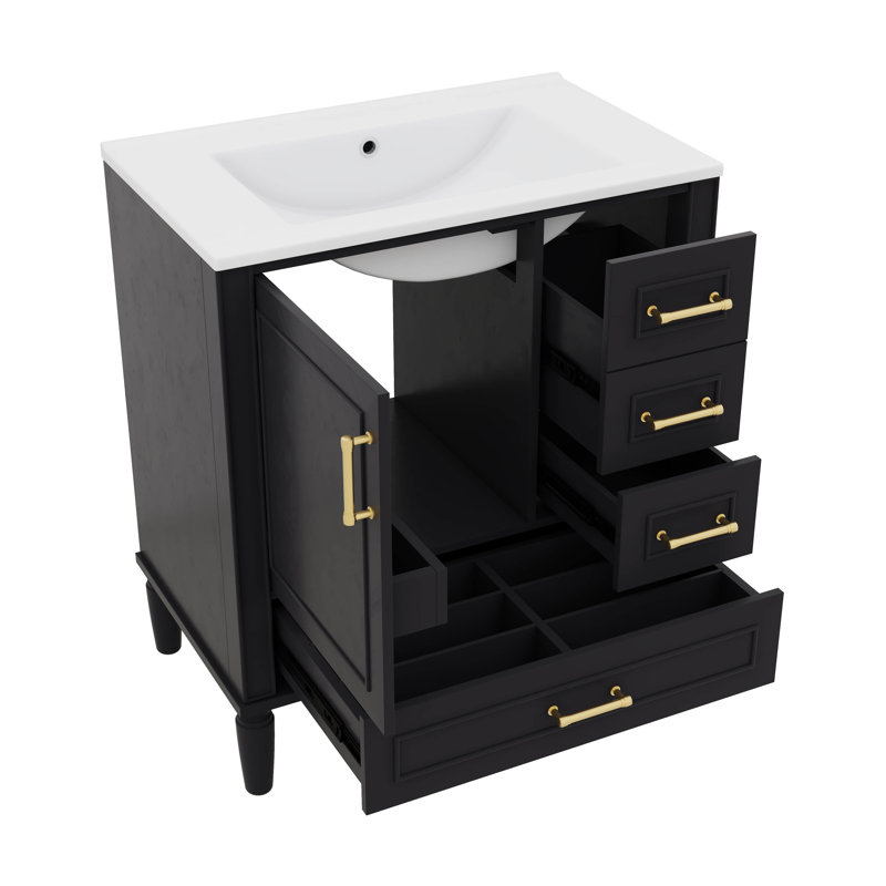 Meuble-lavabo de 30 pouces avec tiroir intégré à tiroir profond et tiroir standard, Noir