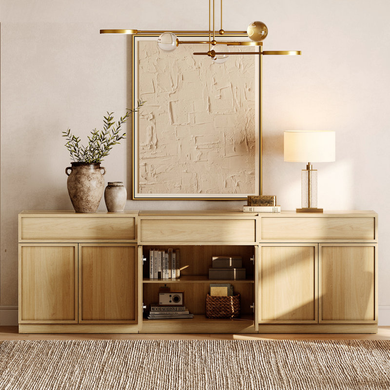 Buffet moderne 94,5 "avec 6 portes et tiroirs, buffet multifonctionnel avec grand rangement et tablette réglable, Chêne