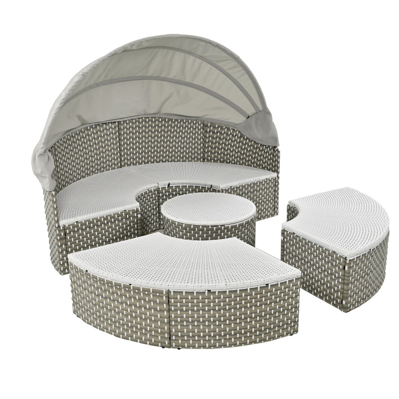 Lit de jour d'extérieur, avec auvent, tissage bicolore gris, coussins d'accoudoirs lavables, patio de luxe pe, gris, construction rétractable, bureau réglable, coussin de literie doux