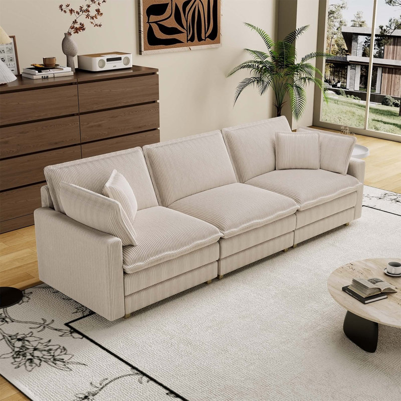 Modular Deep Seat Sectional Sofa with 4 Pillows | Modern Space-Saving Couch for Living Room, Bedroom & Apartments, 3, Beige