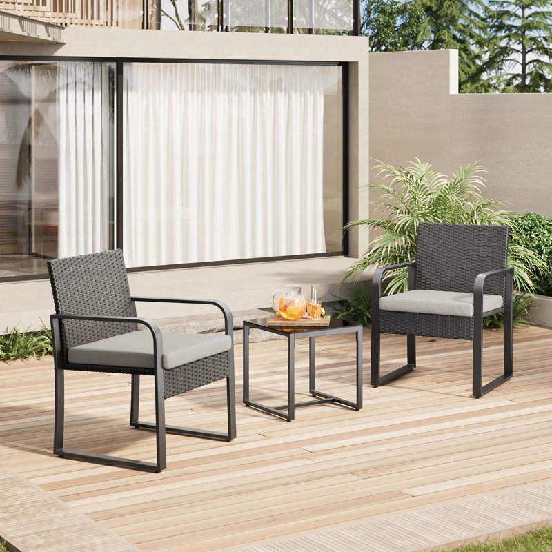 Ensemble de conversation pour 2 personnes en osier avec coussins et table basse, Gris