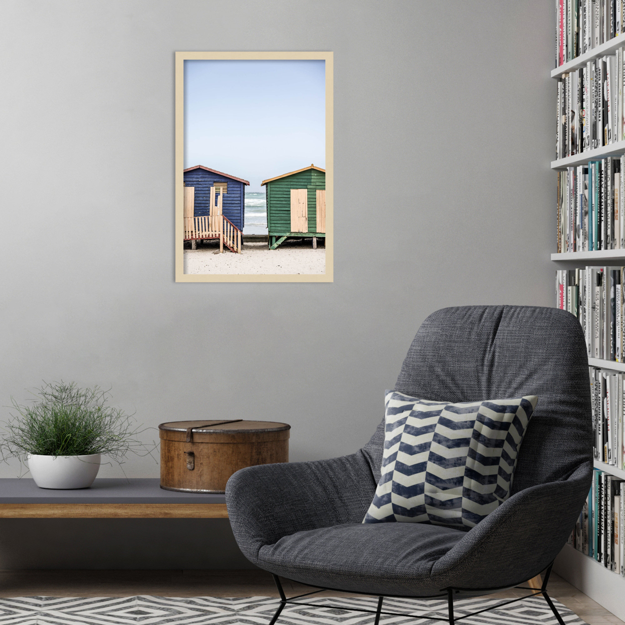 Blue and Green Huts by Shot by Clint Wood Framed Wall Art Print, 25" H x 17" W, Brown