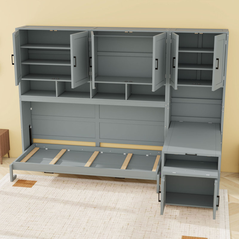 Lit escamotable simple en bois avec tablettes, armoire et bureau, gris