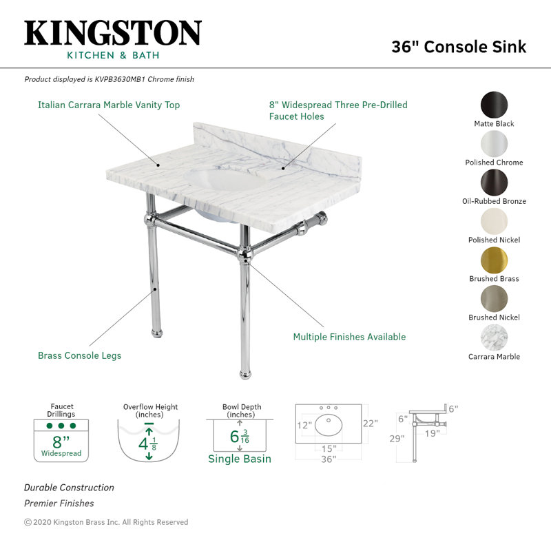 Kingston Brass Templeton 36-Inch Vanity Top with Brass Legs (8-Inch, 3-Hole), Carrara Marble/Matte Black