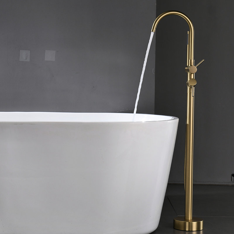 Robinet de douche autoportant brossé en or brossé avec poignée à main, un trou, robinet de baignoire à poignée à valve amovible en or, robinet en céramique,