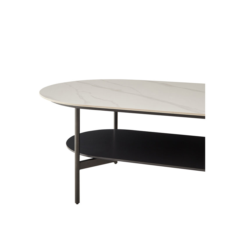 Table basse en céramique, table basse à double couche en MDF pour salon, céramique blanche et tablette inférieure brune