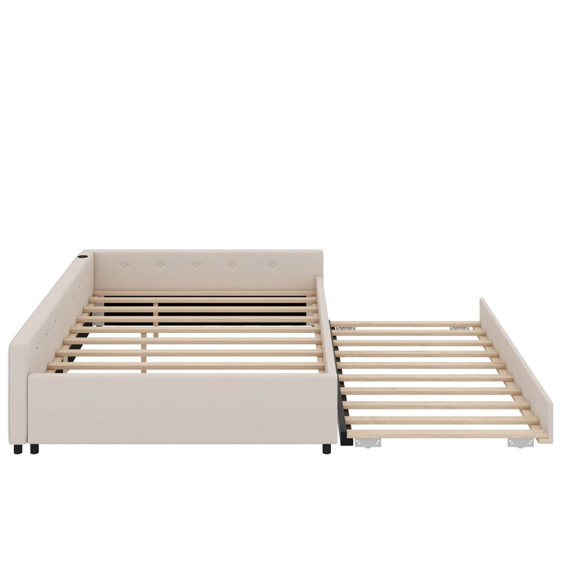 Upholstered Platform Bed With USB And Trundle, Queen