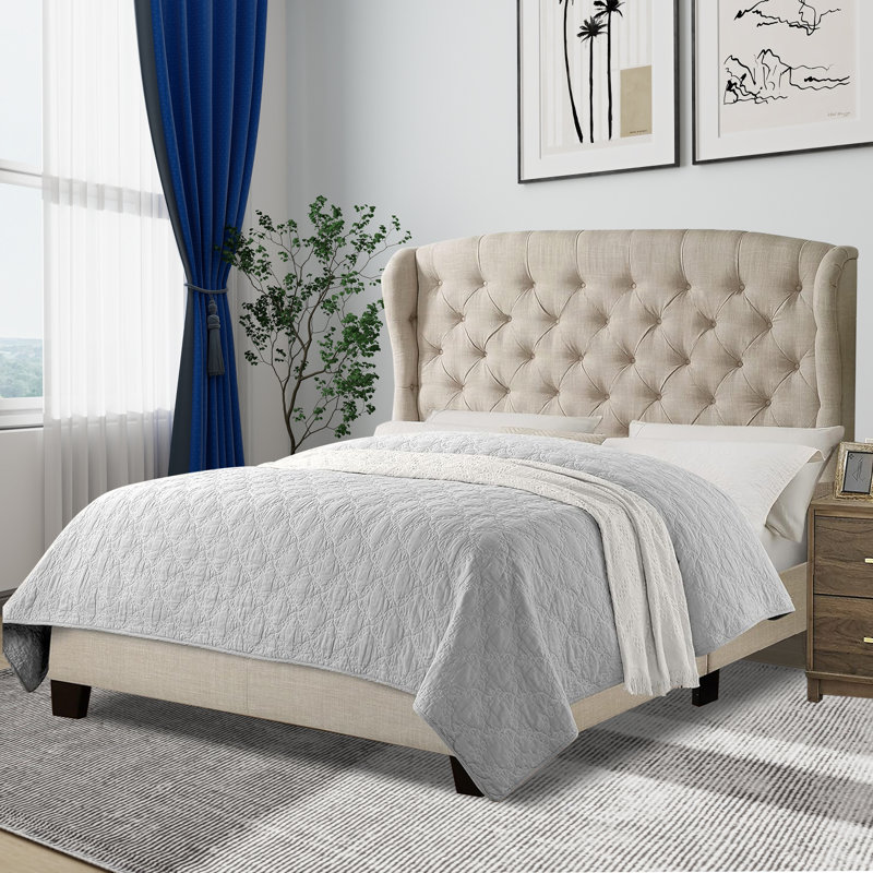 Lit tapissier en tissu, base de lit à hauteur réglable capitonnée, Beige, Double