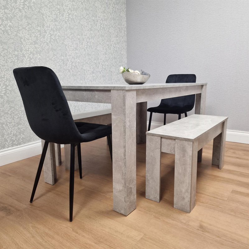 Dining Table Set with 2 Velvet Chairs and 2 Benches, Stone Effect Wood Table, Modern Dining Room Furniture, Black