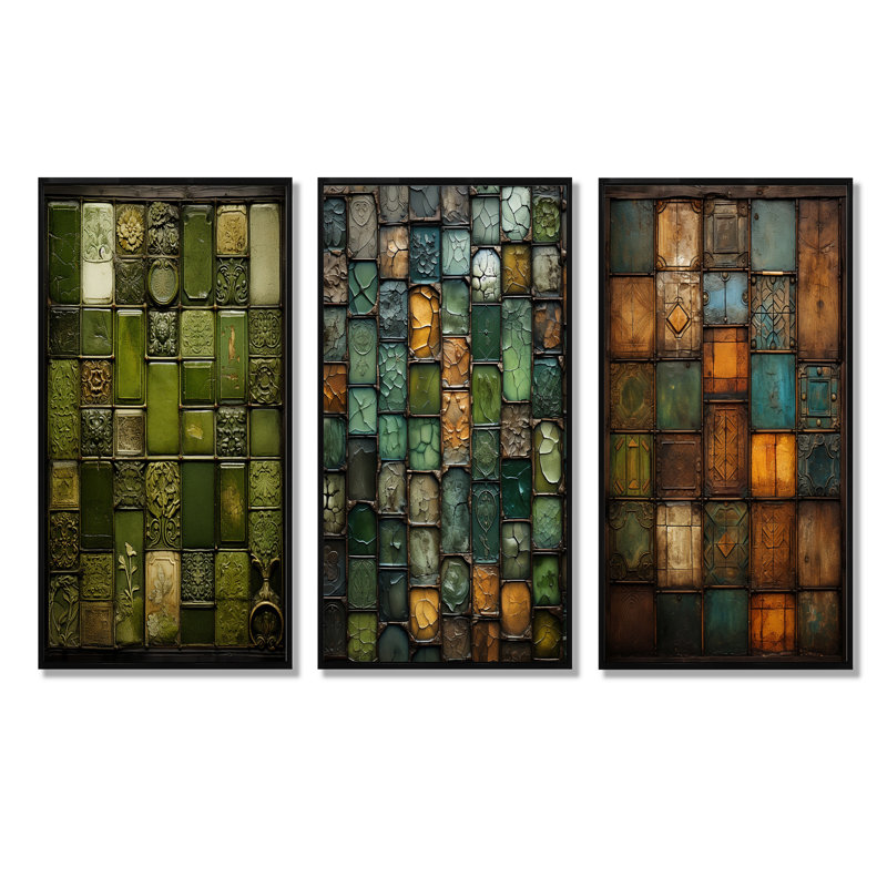Green Stones Tiles I - Ensemble de 3 tuiles murales abstraites, H 28 po x l 36 po, Cadre flottant noir
