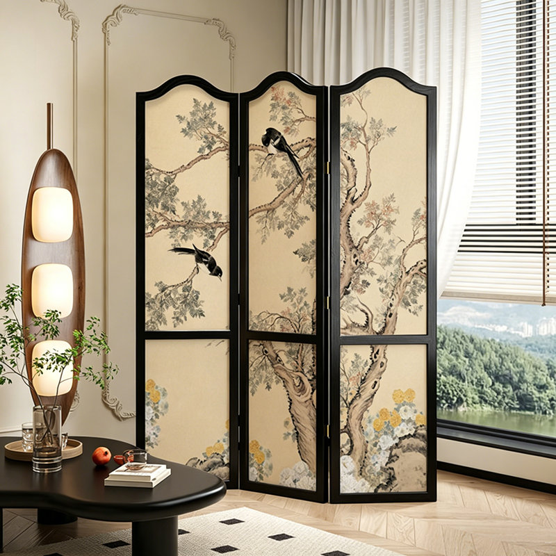 Paravent pliable Georgette, paravent à imprimé floral rétro avec cadre en bois massif noir