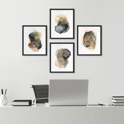 «Bath Bathroom Decor Multicolor Mid-Century Pastel Watercolor Paint Collage Abstract Shapes Illustration», impression encadrée sur papier, 4 pièces