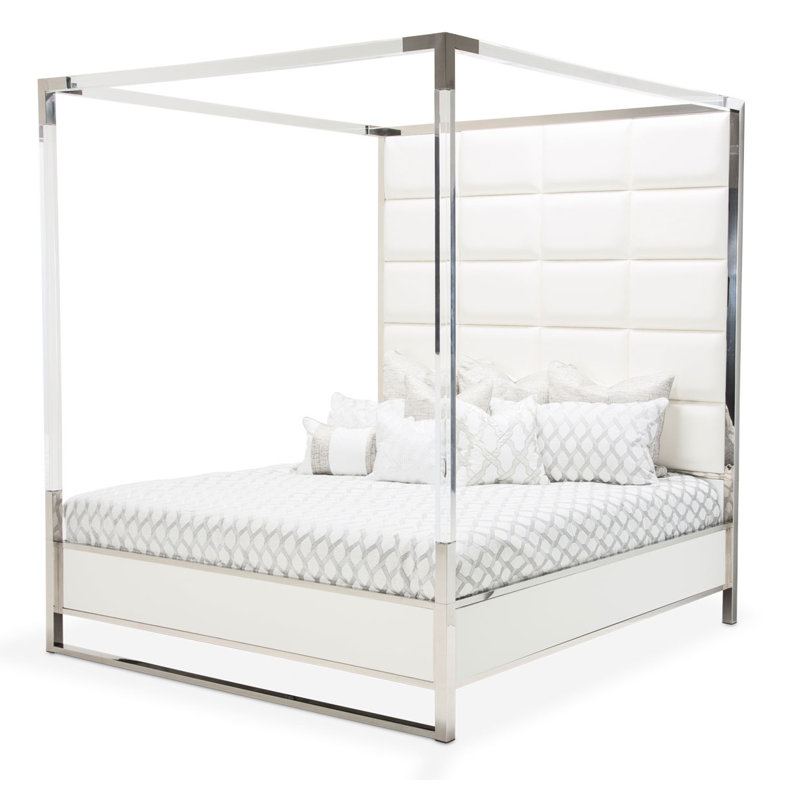 King Satin White Vinyl Upholstered Platform Bed with Metal Frame and Headboard
