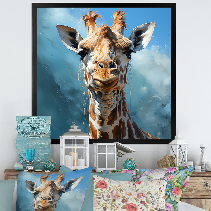 Girafe brune rêveuse à long cou sur toile, Cadre simple noir, H 24 po x l 24 po x P 1 po