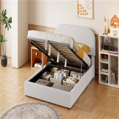 Full Teddy Fleece Upholstered Platform Bed Frame, Hydraulic Storage