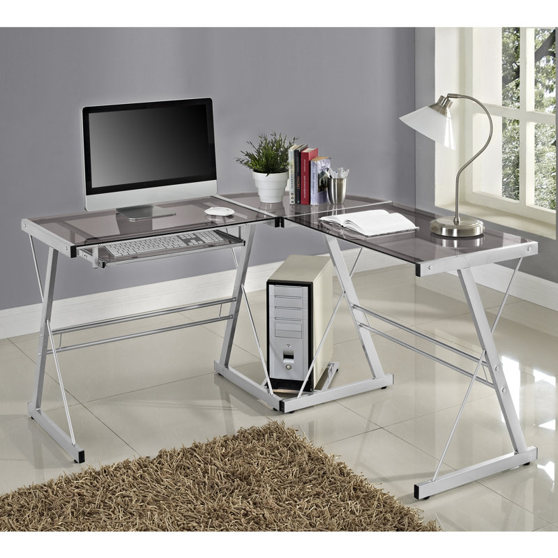 Wendell Modular L-Shaped Glass Steel Computer Desk, Silver / Black Glass