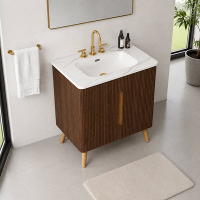 Meuble-lavabo autoportant en noyer rayé de 30 po avec lavabo en céramique blanc Carrara, trois trous de robinet, grande armoire de rangement, KD