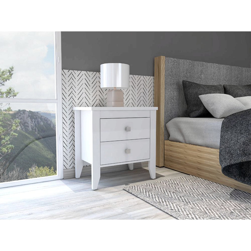 Table de chevet moderne à quatre pieds Breeze, avec deux tiroirs, Blanc