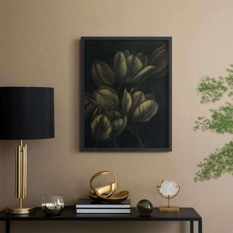 Tulipes dorées I, reproduction encadrée - bois massif, Noir, H 15 po x l 12 po