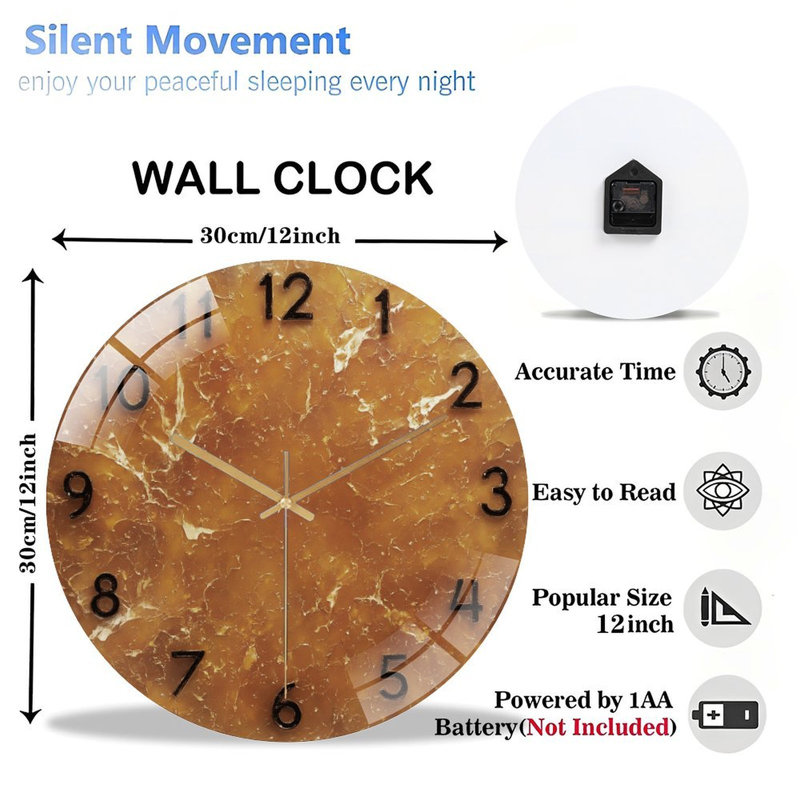Horloge murale 12 po en verre trempé silencieux, horloge sans tic-tac «Texture de marbre de visage ambertonné», à piles (piles AA non incluses), décoration artistique pour la maison