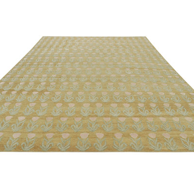 Rug & Kilim’S Block Print Custom Rug Design In Gold With Pink And Green Florals