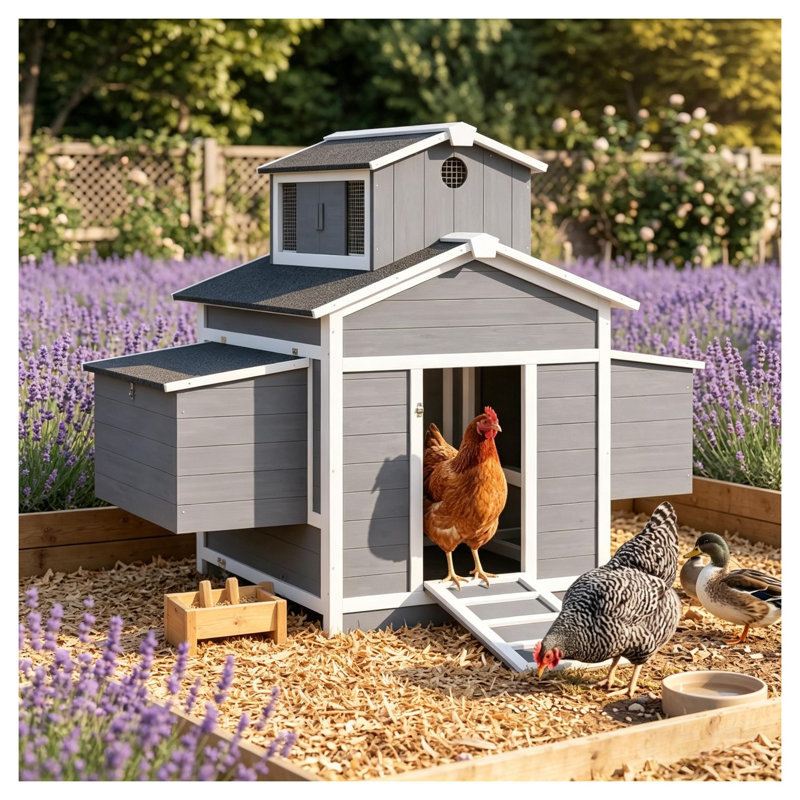 Poulailler en bois avec enclos pour 2 poules, poulailler blanc et gris avec enceinte grillagée