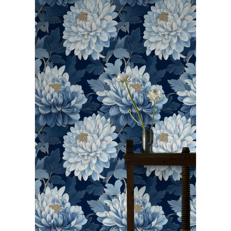 Papier peint autocollant bleu marine Chrysanthemum | Murale florale luxueuse