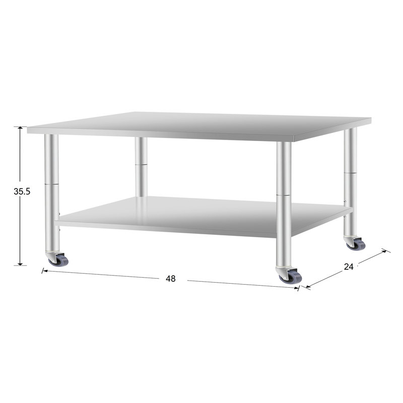 Table de cuisine commerciale de 48 po x 24 po avec roulettes et dessous d'une tablette d'une hauteur de 35,5 po en acier inoxydable pour un service alimentaire fiable