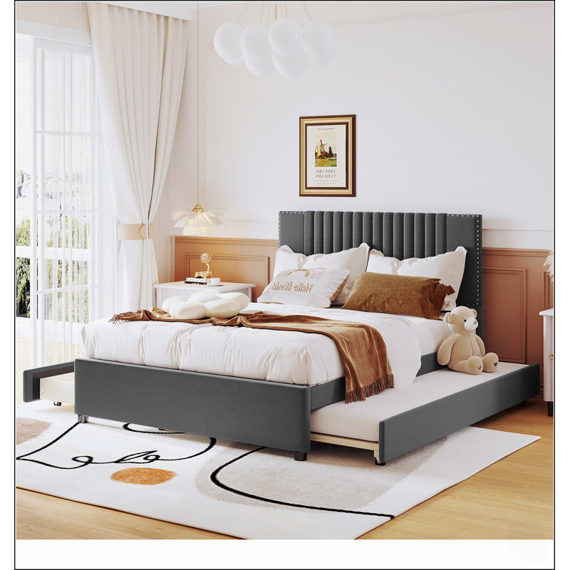 Lit plateforme tapissier avec 2 tiroirs et 1 lit gigogne, tête de lit classique pour l'élégance et le rangement, Double, Gray