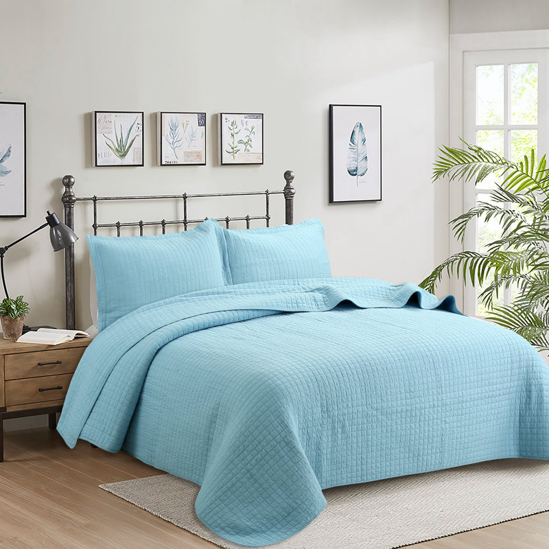 WhiteCT Quilt Check Cotton Plaid Quilt, Queen, Light Blue