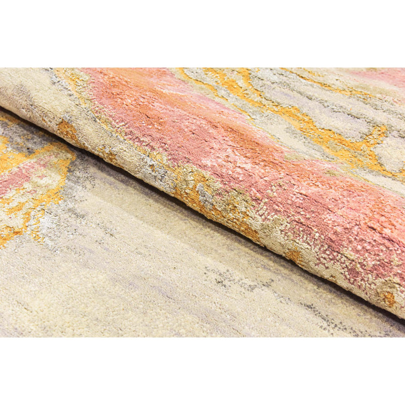 Hand Knotted Abstract Area Rug in Ivory/Pink/Gold/Gray, Rectangle 9' x 12'