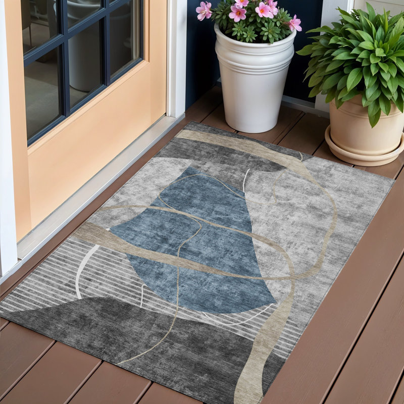 Tapis extérieur lavable abstrait gris et gris anthracite 3 pi x 5 pi
