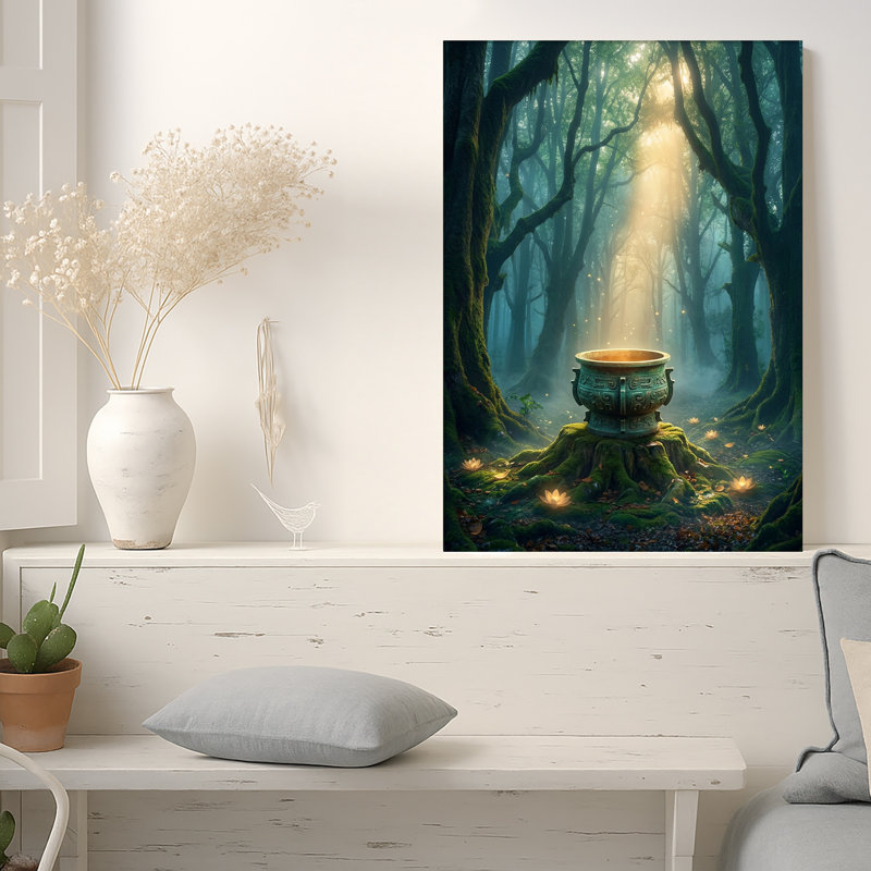 Art mural sur toile orné de bronze dans une forêt brumeuse avec lumière brillante, 48"H x 36"W