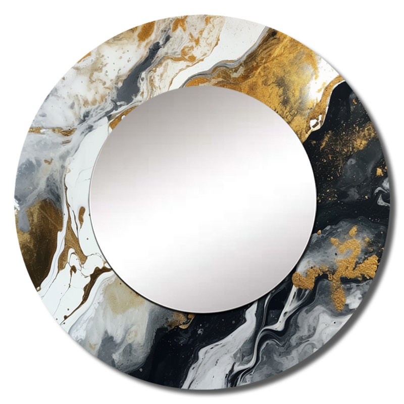 Sanav doré noir veines de couleur I - grand miroir mural abstrait, miroir unique moderne, art imprimé en métal, 36 po x 36 po