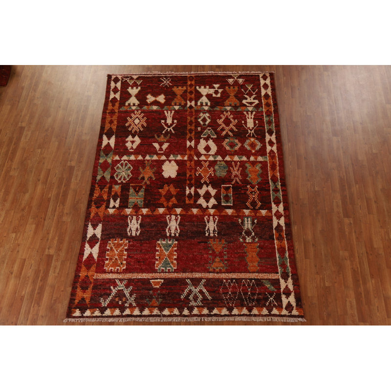Tapis brun / vert / rouge en laine noué à la main de conception unique 6 pi 8 po x 9 pi 6 po New Age