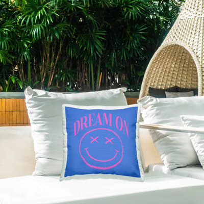 Dream On Smiley Phrase Outdoor Printed Pillow by lulusimonSTUDIO