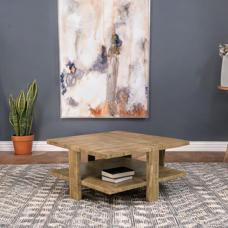 Table basse rustique carrée avec tablettes à deux niveaux, bois d'ingénierie brun classique, 35,5 pouces