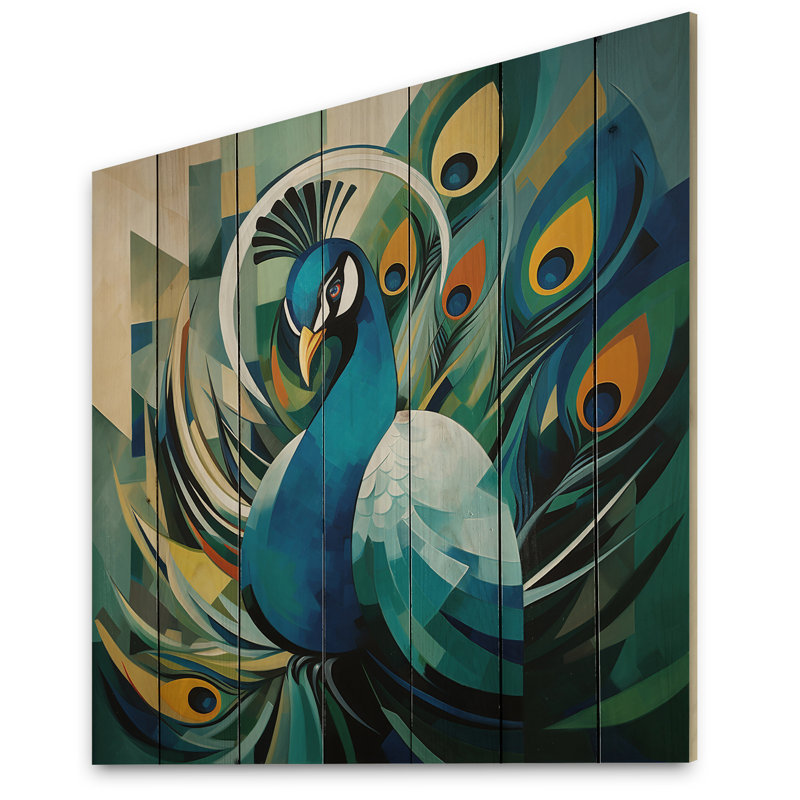 Vert vert bleu paon cubiste paon cubisme sur bois, H 30 po x l 30 po x P 0,78 po