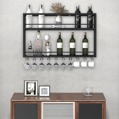 Support à vin industriel à fixation murale, étagère à bouteilles de vin en bois à 2 niveaux avec porte-verres à pied, support à verres à vin noir et support à vin multifonctionnel pour le bar de la maison, la salle à manger et la cuisine (39,3 x 7,8 x 26 po)