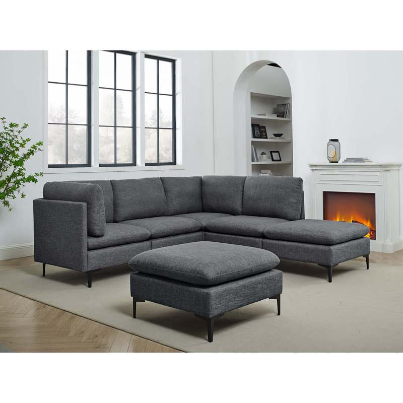 Canapé modulaire réversible avec repose-pieds Cheryal, Mélange de lin gris foncé
