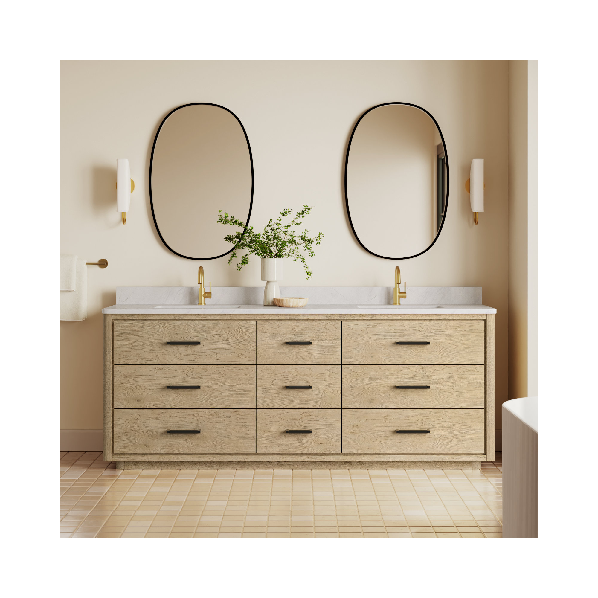 Porto 84'' Double Bathroom Vanity, Matte Black, Natural Oak