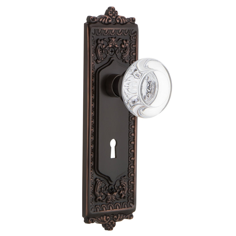 Crystal Round Interior Mortise Door Knob with Egg & Dart Long Plate, Timeless Bronze