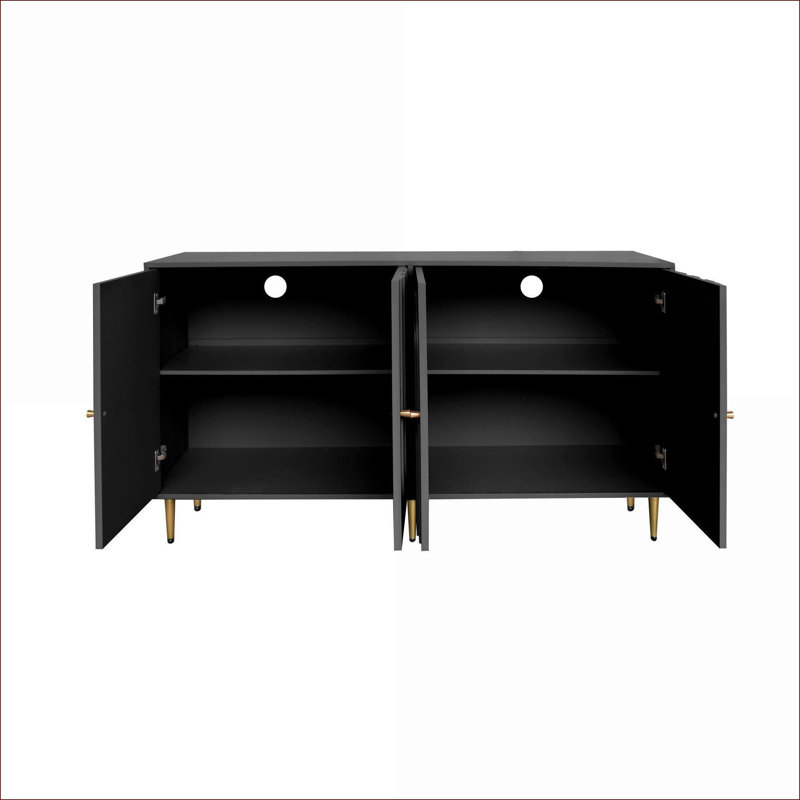 Armoires, buffet moderne à 4 portes en bois, rangement réglable, laqué noir mat, pour la cuisine, l'entrée, la cuisine, l'entrée | Panneau de fibres à densité moyenne | Salon
