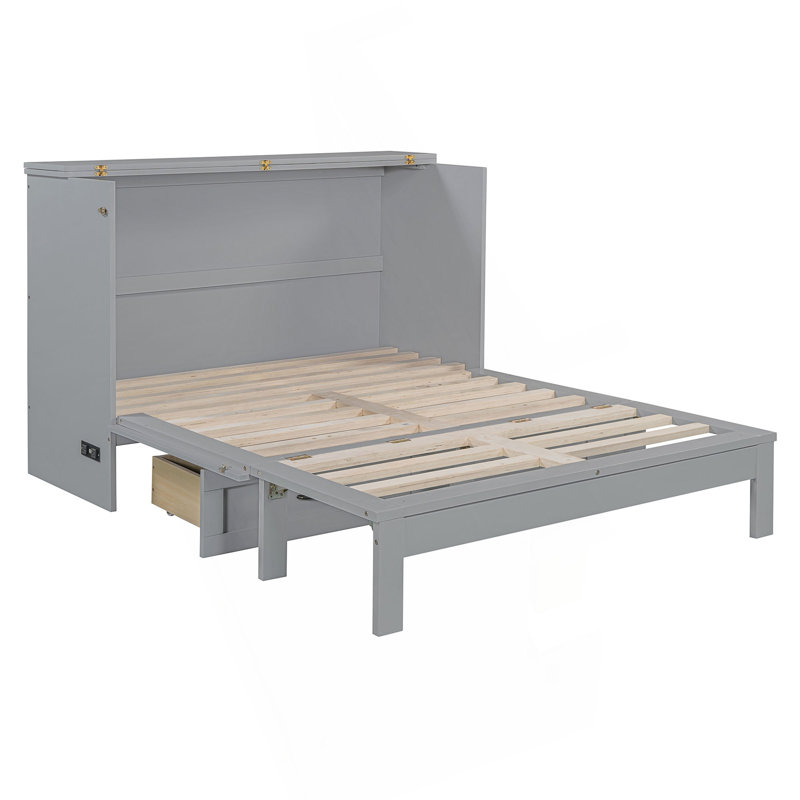Lit escamotable double avec grands tiroirs, Gris, Lit double