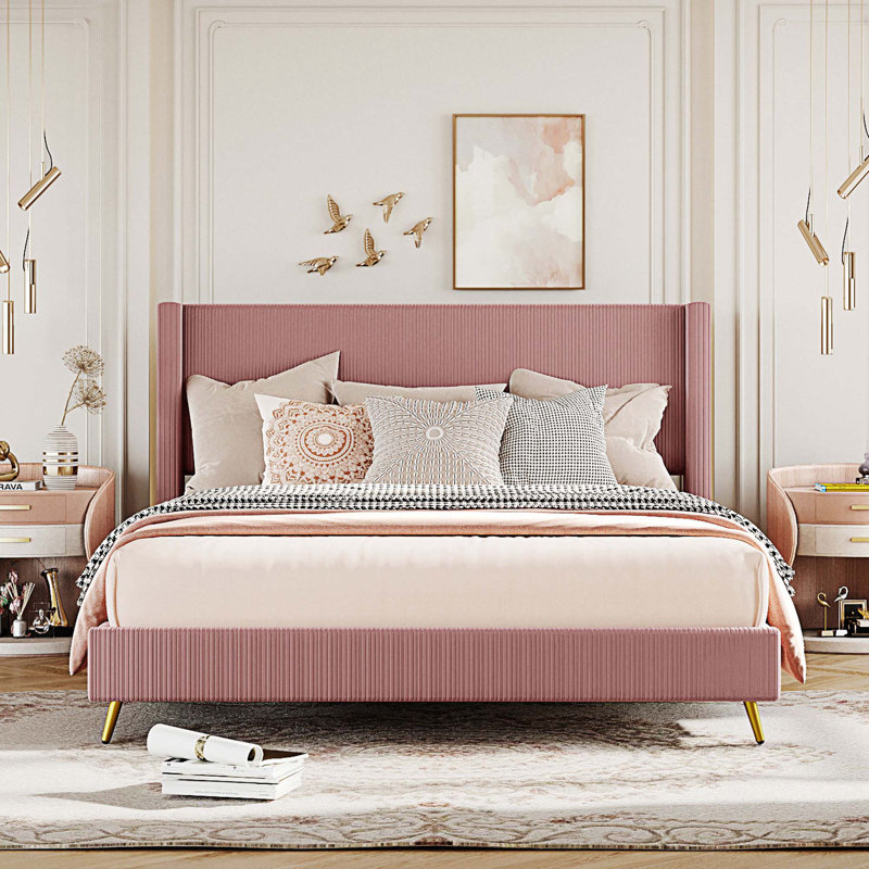 Grand lit plateforme tapissier Daventry, Rose 2