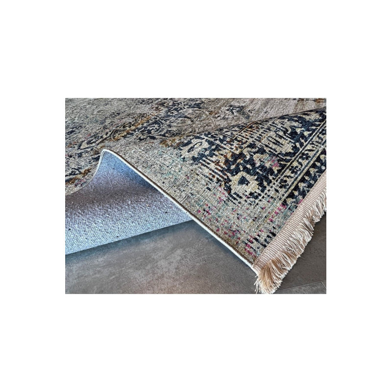Tapis beige délavé de style rétro à base tissée bleu marine, Sous-tapis rectangulaire 2 pi 6 po x 4 pi 11 po